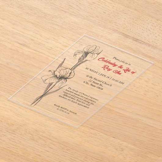 Elegant Iris "Celebrating the Life" Funeral アクリル招待状 (レイダウン)