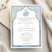 Elegant Islamic Blue Arch Ornate Arabesque Wedding 招待状