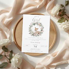 Elegant It’s a Girl Baby Shower Floral Deer 招待状