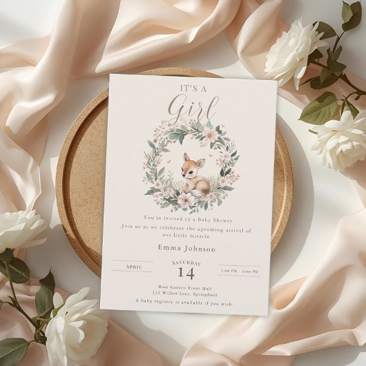 Elegant It’s a Girl Baby Shower Floral Deer 招待状