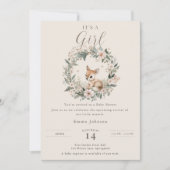 Elegant It’s a Girl Baby Shower Floral Deer 招待状 (正面)
