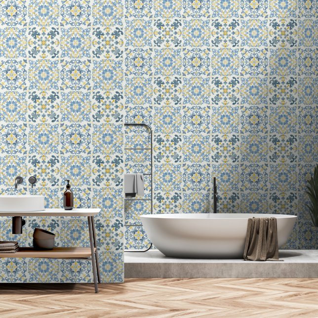 Elegant Italian Blue Tile 壁紙 (浴室)
