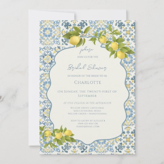 Elegant Italian Blue Tile Lemon Bridal Shower 招待状 (正面)