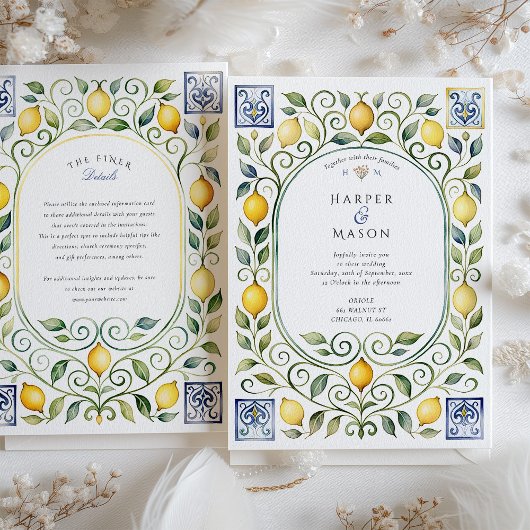 Elegant Italian Lemon & Blue Tile Wedding 招待状