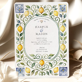 Elegant Italian Lemon & Blue Tile Wedding 招待状