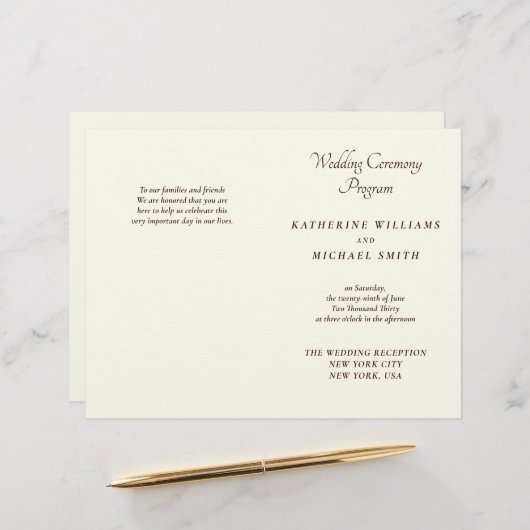 Elegant Ivory And Cream Minimal Wedding Programs (正面/裏面インサイチュ)