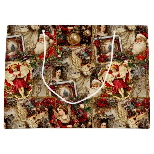 Elegant Ivory and Red Victorian Christmas Collage ラージペーパーバッグ (正面)