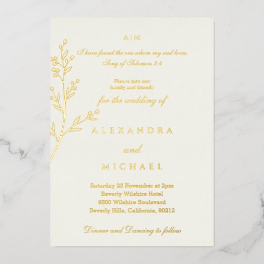 Elegant Ivory Bible Verse Christian Wedding 箔招待状 (正面)