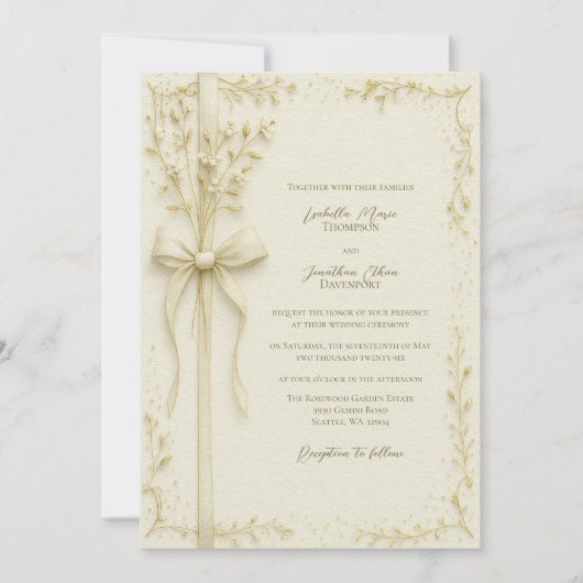 Elegant Ivory Bow and Botanical Floral Wedding 招待状 (正面)