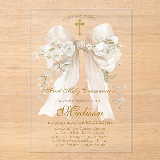 Elegant Ivory Bow First Holy Communion Girl アクリル招待状