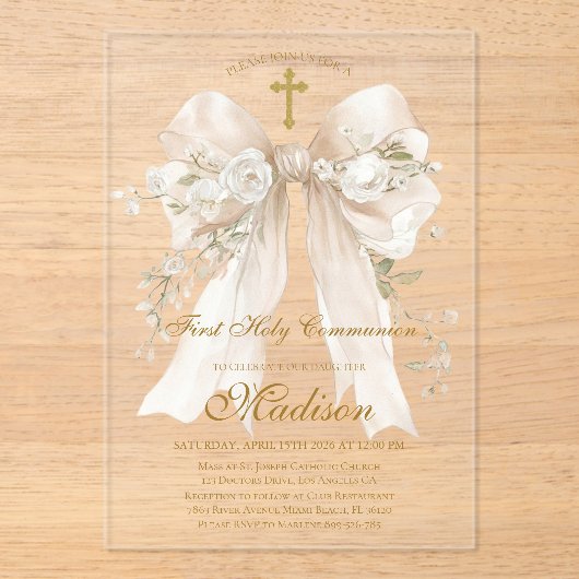 Elegant Ivory Bow First Holy Communion Girl アクリル招待状 (正面)