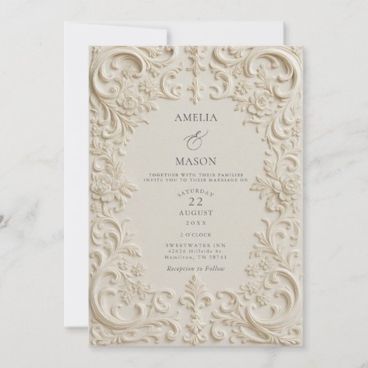 Elegant Ivory Embossed Style Baroque Wedding 招待状 (正面)