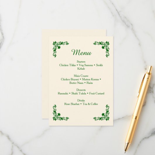Elegant Ivory & Emerald Floral Wedding Menu エンクロージャーカード (正面/裏面インサイチュ)