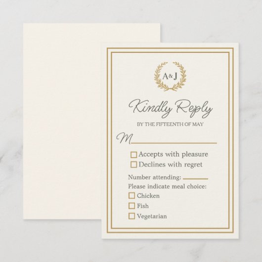 Elegant Ivory Faux Gold 3 Meal Choices Wedding  出欠カード (正面/裏面)
