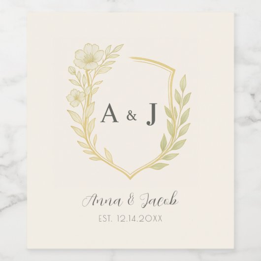 Elegant Ivory Floral Crest Monogram Wedding ワインラベル (シングルラベル)
