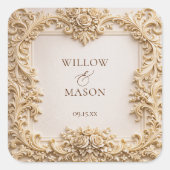 Elegant Ivory Floral Scroll Wedding スクエアシール (正面)