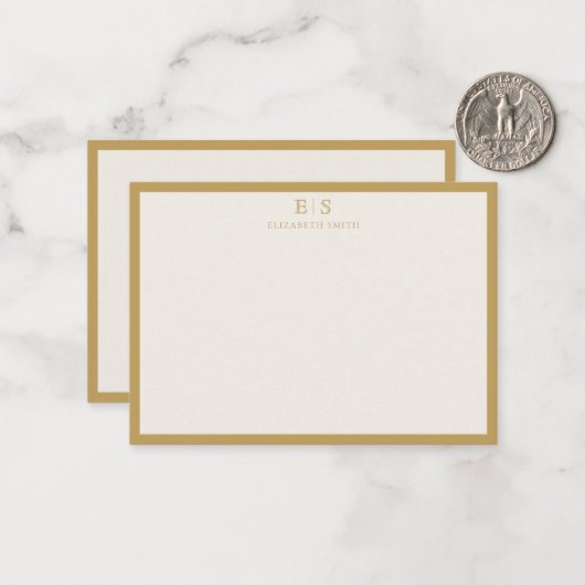 Elegant Ivory Gold Border Monogram ノートカード (正面/裏面インサイチュ)