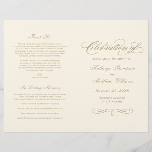 Elegant Ivory Gold Calligraphy Wedding Programs (正面)