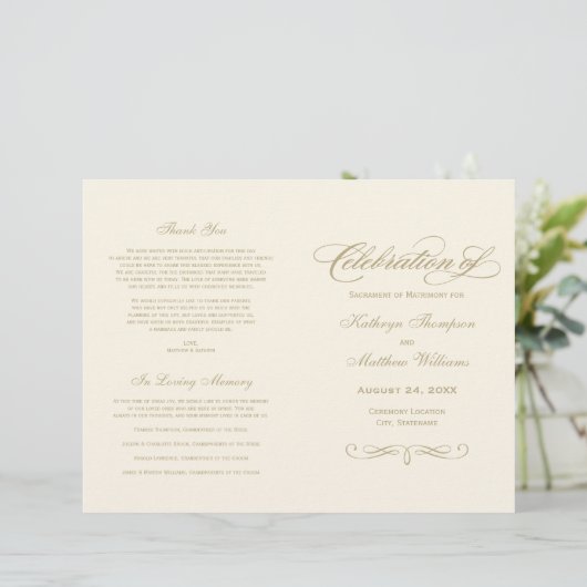 Elegant Ivory Gold Calligraphy Wedding Programs (スタンド正面)