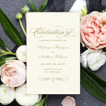 Elegant Ivory Gold Calligraphy Wedding Programs<br><div class="desc">Elegant ivory and champagne gold "Celebration of Sacrament of Matrimony" wedding ceremony programs include vintage calligraphy script writing with beautiful flourishes and a scroll design accent. Personalize the custom text for your bridal party, ceremony information, thank you, and in memory (or other) messages. Note: these text weight paper programs arrive...</div>