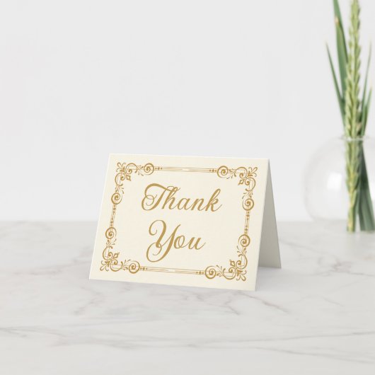 Elegant Ivory Gold Filigree Script Thank You サンキューカード (正面)