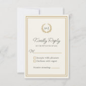 Elegant Ivory Gold Monogram Laurel Wreath Wedding 出欠カード (正面)