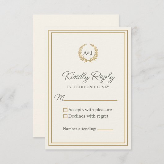 Elegant Ivory Gold Monogram Laurel Wreath Wedding 出欠カード (正面/裏面)
