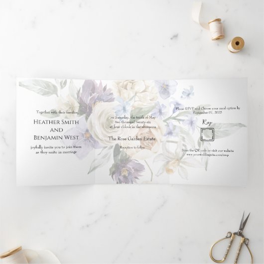 Elegant Ivory Lavender Floral Tri-Fold Invitation 三つ折り招待状 (内部)