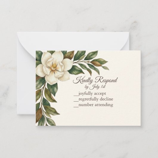 Elegant Ivory Magnolia Wedding RSVP ノートカード (正面)