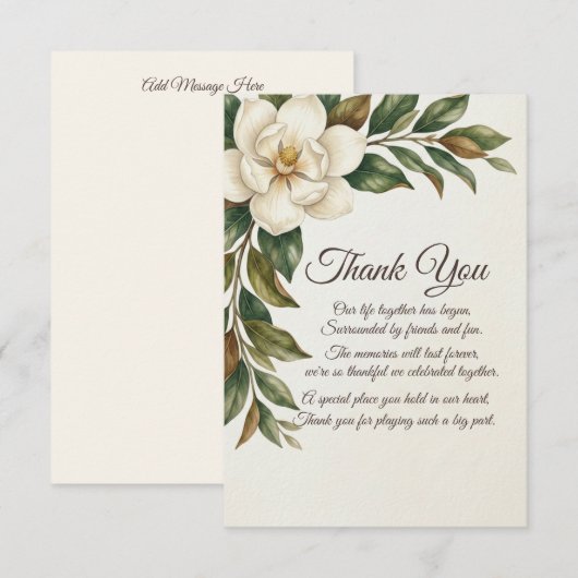Elegant Ivory Magnolia Wedding Thank You Card サンキューカード (正面/裏面)