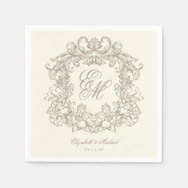 Elegant Ivory Monogram Crest Script Wedding スタンダードカクテルナプキン