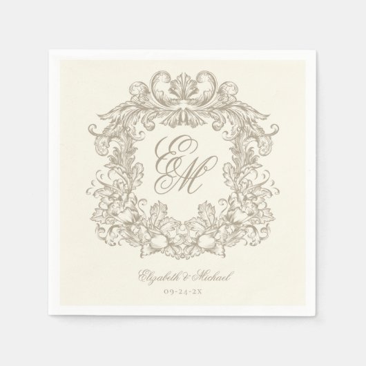 Elegant Ivory Monogram Crest Script Wedding スタンダードカクテルナプキン (正面)