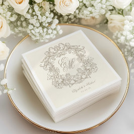 Elegant Ivory Monogram Crest Script Wedding スタンダードカクテルナプキン
