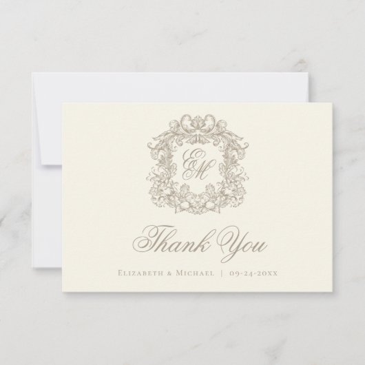 Elegant Ivory Monogram Crest Vintage Wedding  サンキューカード (正面)