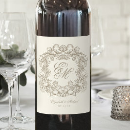 Elegant Ivory Monogram Crest Vintage Wedding ワインラベル
