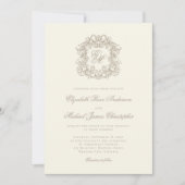 Elegant Ivory Ornate Monogram Crest Wedding 招待状 (正面)
