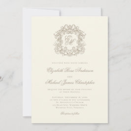 Elegant Ivory Ornate Monogram Crest Wedding 招待状