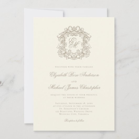 Elegant Ivory Ornate Monogram Crest Wedding 招待状 (正面)