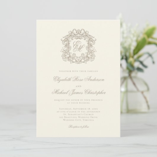 Elegant Ivory Ornate Monogram Crest Wedding 招待状 (スタンド正面)
