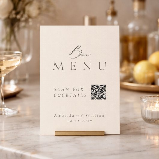 Elegant Ivory QR Code Wedding Bar Menu Sign 招待状