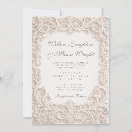 Elegant Ivory Rococo Scroll Wedding Invitation 招待状 (正面)