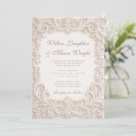 Elegant Ivory Rococo Scroll Wedding Invitation 招待状 (スタンド正面)