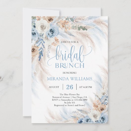 Elegant Ivory Roses Blue Floral Bridal Brunch 招待状 (正面)