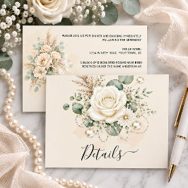 Elegant Ivory Roses Pearls Eucalytus Pampas Grass エンクロージャーカード