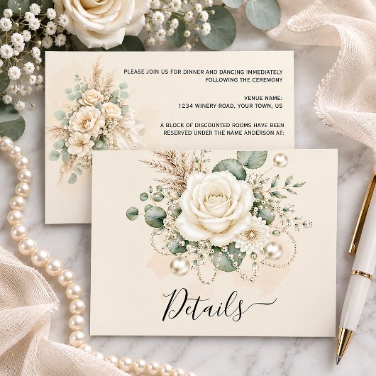 Elegant Ivory Roses Pearls Eucalytus Pampas Grass エンクロージャーカード