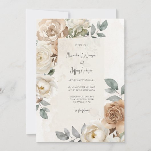 Elegant Ivory Roses Wedding Invitation 招待状 (正面)