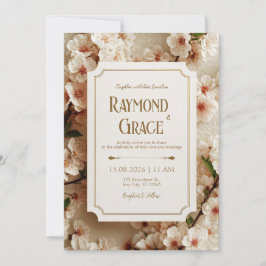 Elegant Ivory Sakura Floral Gilded Ticket Wedding 招待状