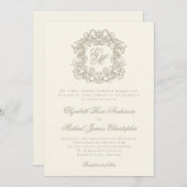 Elegant Ivory Vintage Crest Monogram Wedding 招待状 (正面/裏面)