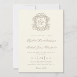 Elegant Ivory Vintage Monogram Crest Wedding 招待状