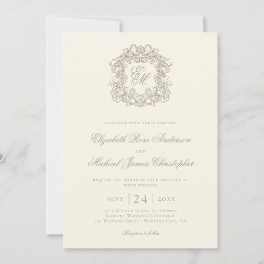Elegant Ivory Vintage Monogram Crest Wedding 招待状 (正面)